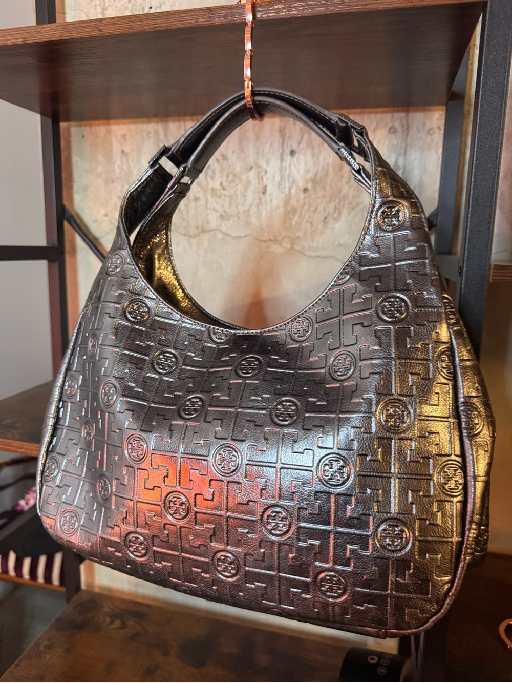 Rare Tory Burch Y2K Gunmetal Metallic Leather Handbag